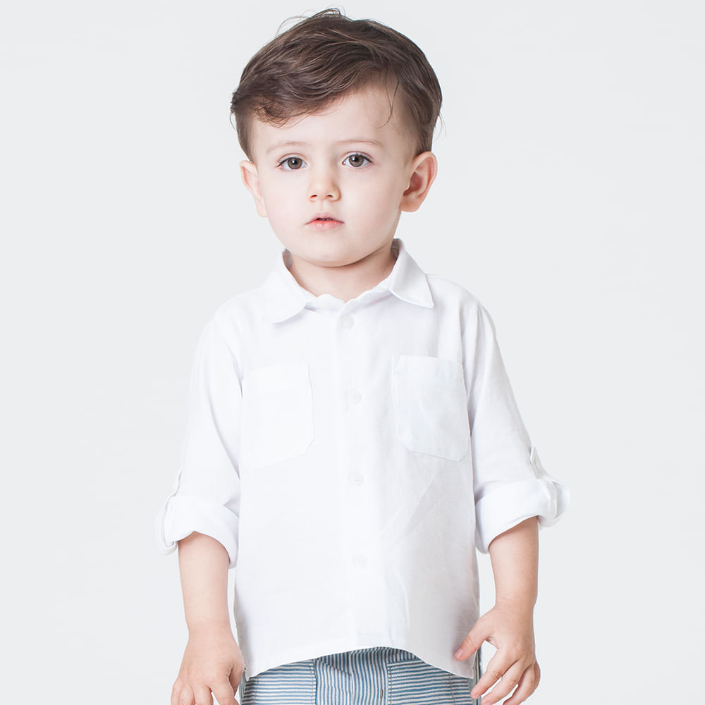 Camisa Toddler Menino Green Line Branca em Sarja 100% Algodão