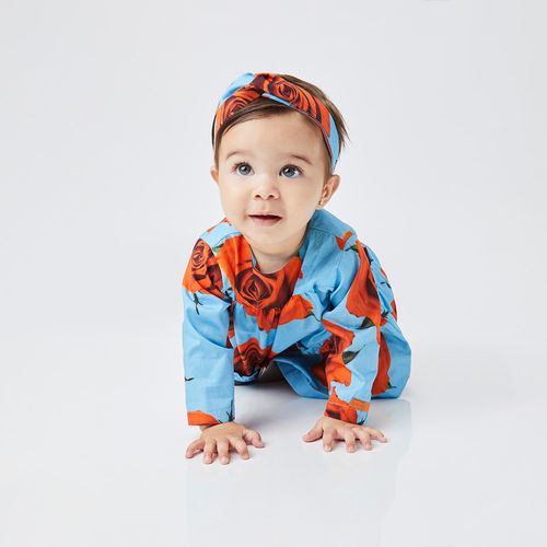 Vestido Bebê Rosas Manga Longa Azul