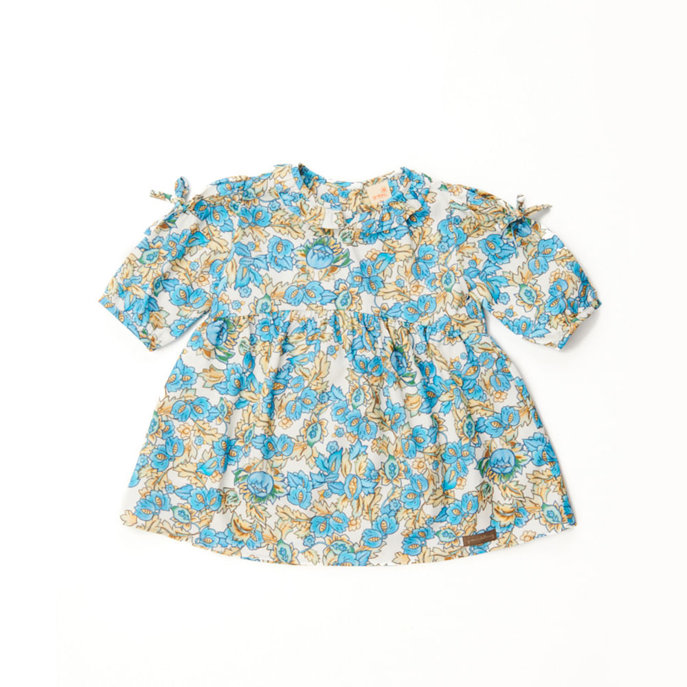 Vestido Bebê Flora Manga Longa Azul