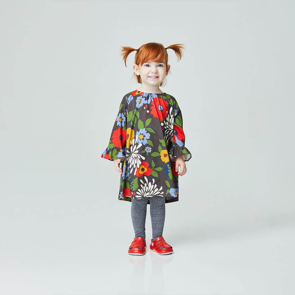 Vestido Toddler Jardim dos Sonhos Manga Longa Chumbo