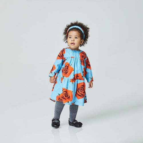 Vestido Toddler Rosas Manga Longa Azul