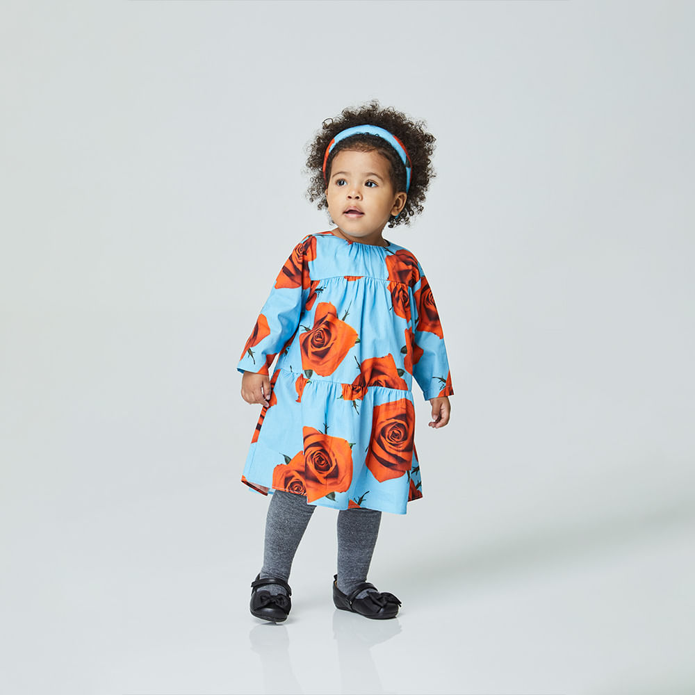 Vestido Toddler Rosas Manga Longa Azul