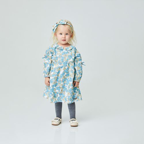 Vestido Toddler Flora Manga Longa Azul