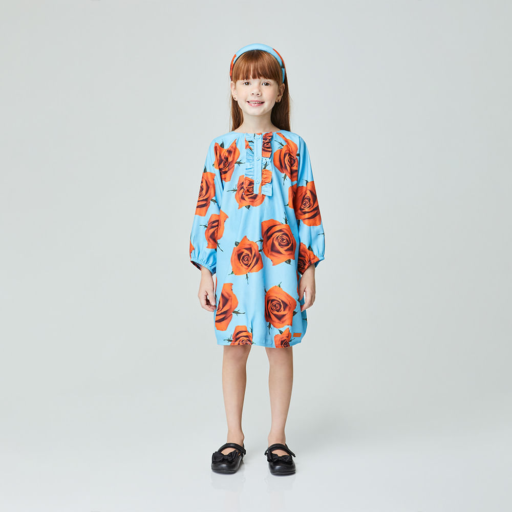 Vestido Infantil Rosas Manga Longa Azul