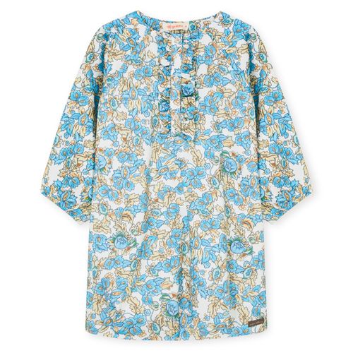 Vestido Infantil Rosas Manga Longa Azul Claro