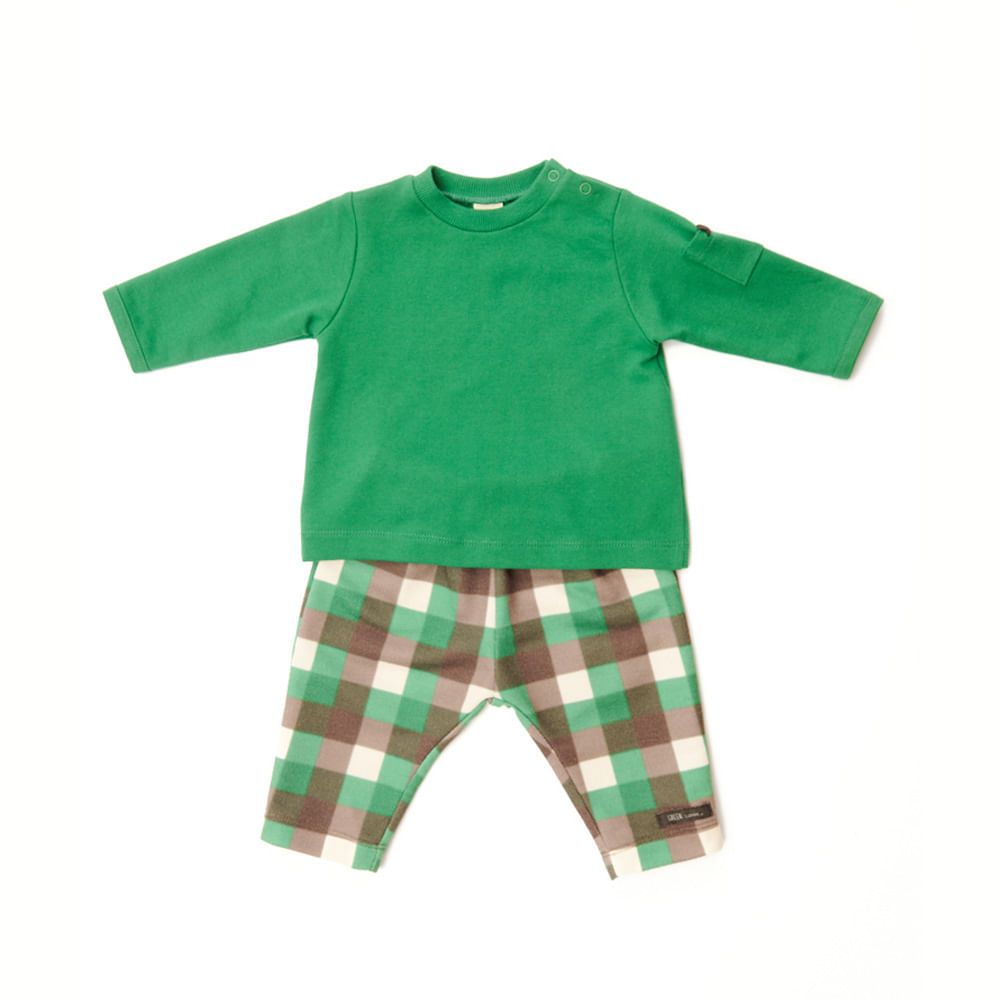Conjunto Bebê Xadrez Green Manga Longa