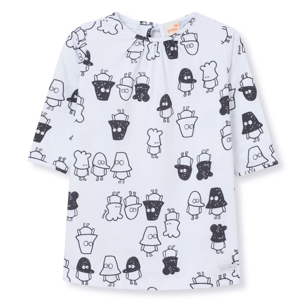 Vestido Toddler Estampado Manga Longa Branco