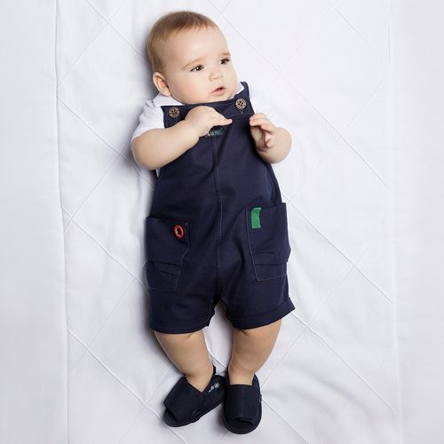 Jardineira Bebê Menino Felicidade Azul