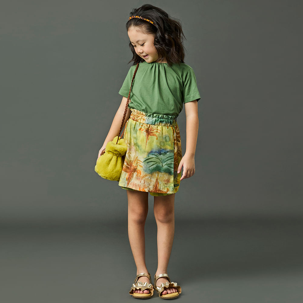 Short Saia Infantil Menina Paisagem Verde
