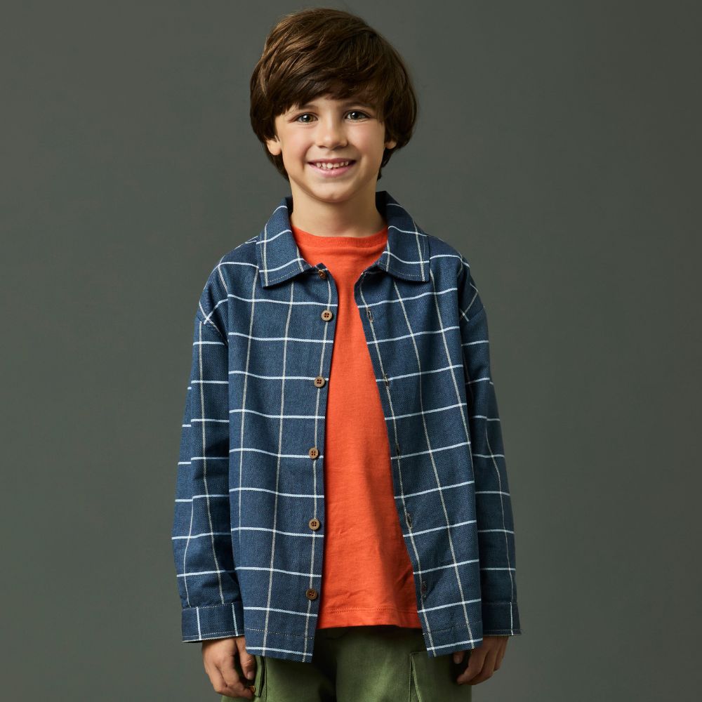 Camisa Infantil Menino Xadrez Céu ML Azul